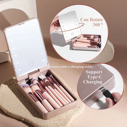 14-Piece Makeup Brush Set with Illuminated Mirror, Portable Short Handle,Led Light,Usb Rechargeable Makeup Brushes Kit